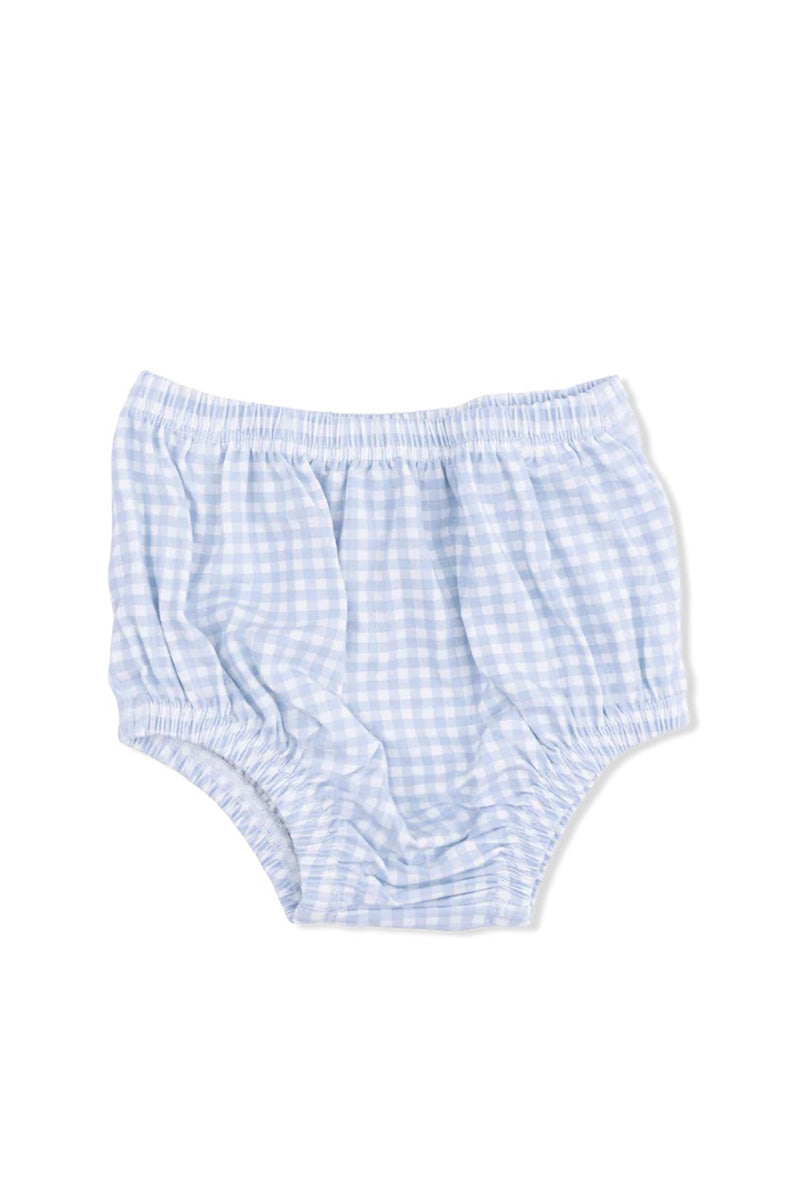 Light blue gingham bloomers with elastic waistband and leg openings