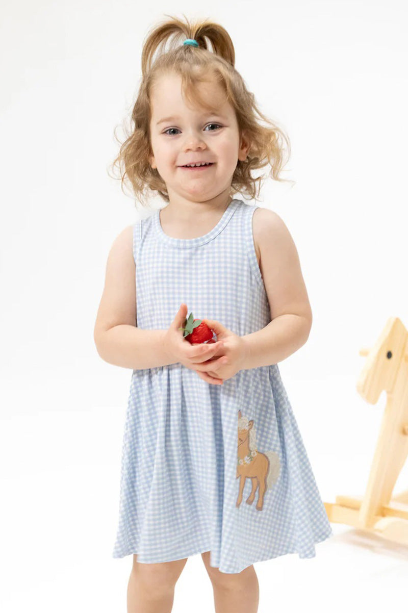 Tank dress with light blue gingham fabric and deer applique