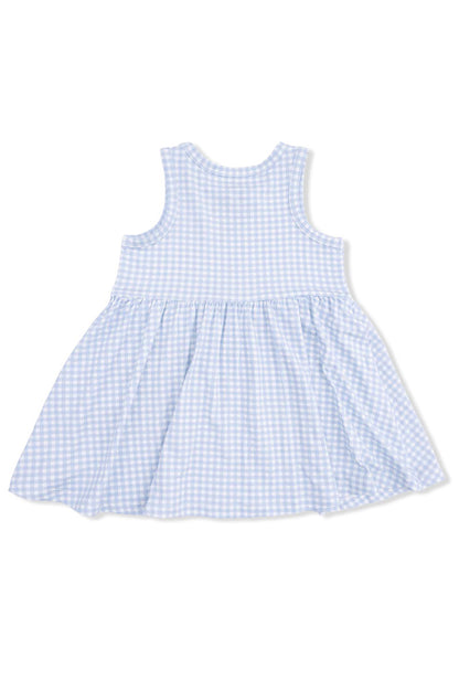 Light blue gingham tank dress with gathered skirt; no graphic shown