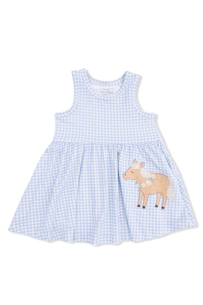 Light blue gingham tank dress with deer applique on skirt front