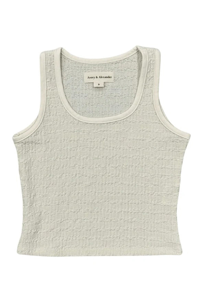 Textured square neck tank in off white front view