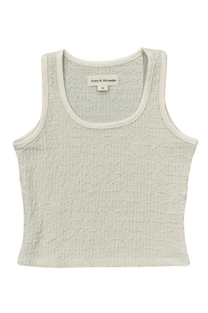 Textured square neck tank in off white front view