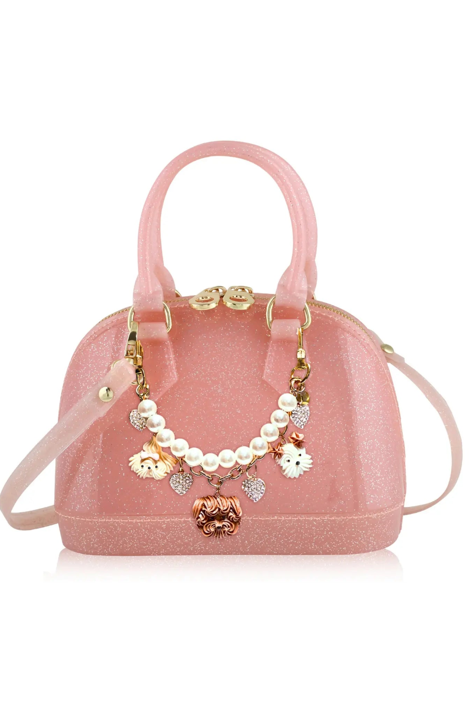 CATE Puppy Love swag bag, light pink glitter with pearl-bead charm necklace and heart tag