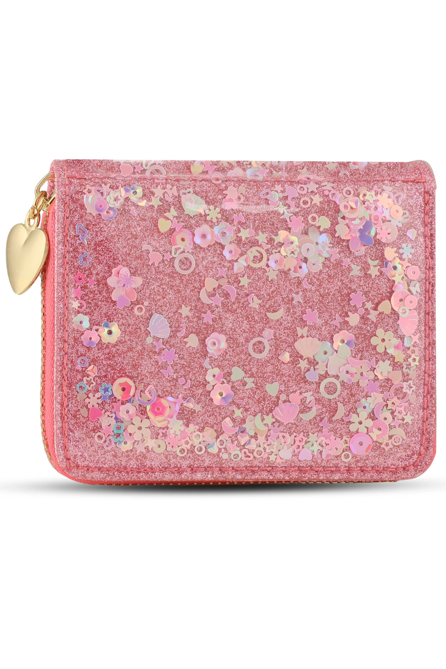 Confetti wallet in pink glitter with multicolor confetti flowers and heart clasp