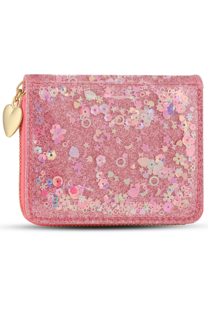 Confetti wallet in pink glitter with multicolor confetti flowers and heart clasp