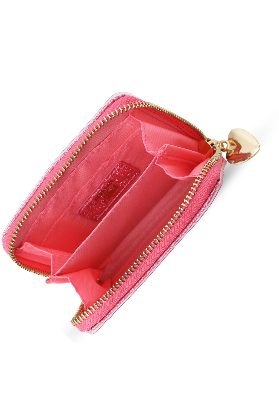 Pink confetti wallet interior with card slots, gold zipper, and heart keyring charm