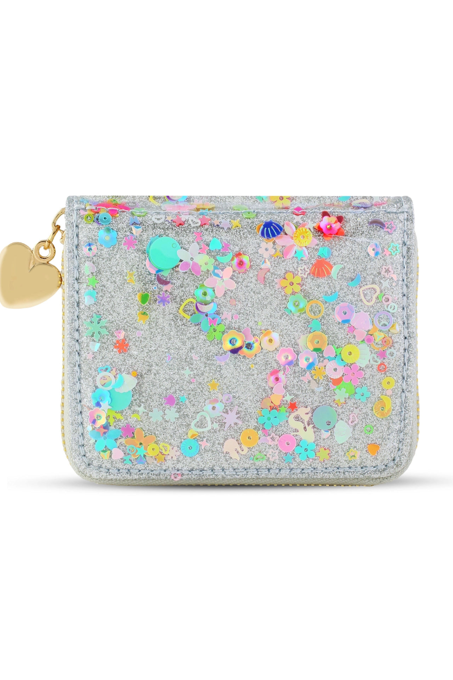 Confetti wallet in silver glitter with colorful confetti shapes and heart clasp