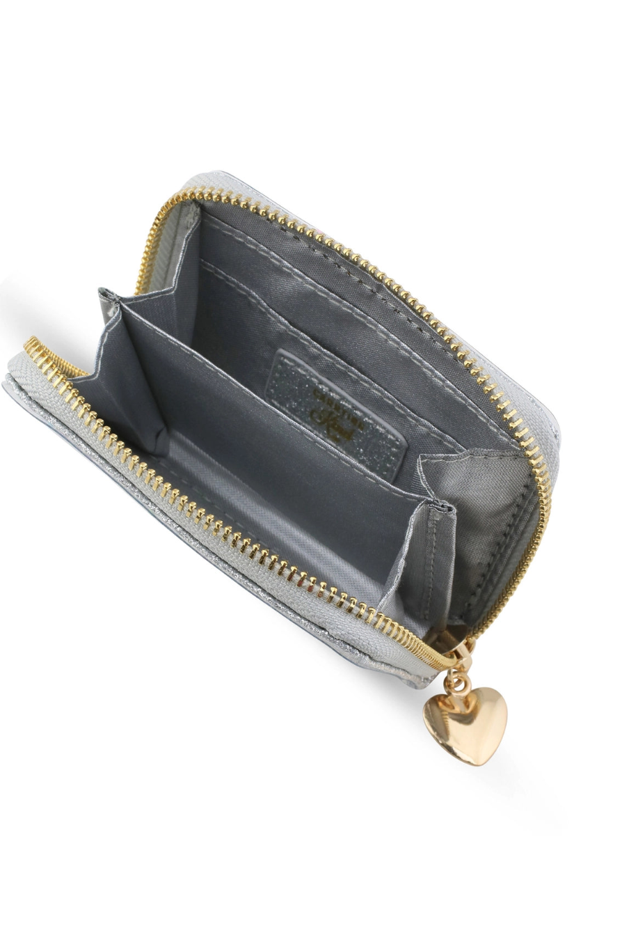 Silver confetti wallet interior with open compartments, gold zipper and heart charm