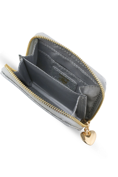 Silver confetti wallet interior with open compartments, gold zipper and heart charm