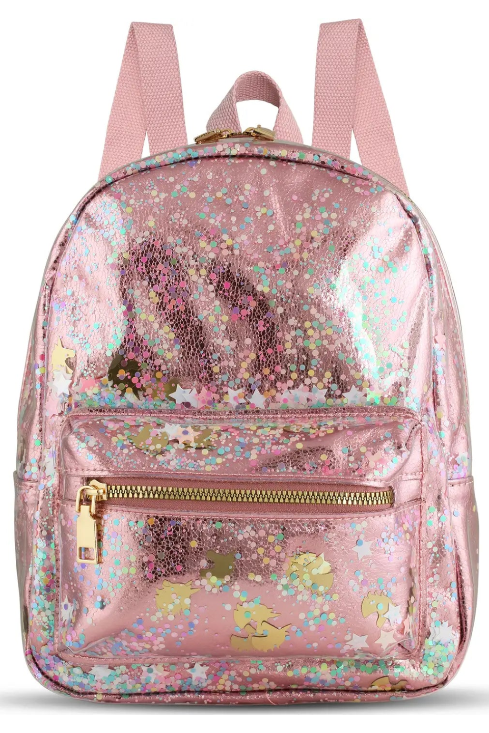 Pink sequin mini backpack with front zip pocket, unicorn graphic, and gold hardware