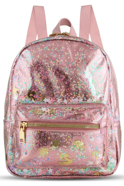 Pink sequin mini backpack with front zip pocket, unicorn graphic, and gold hardware