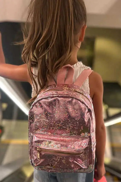 Pink glitter backpack with two shoulder straps and gold front zipper