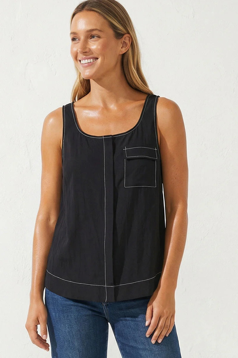 Black contrast-stitched sleeveless top with square pocket detail and crew neckline