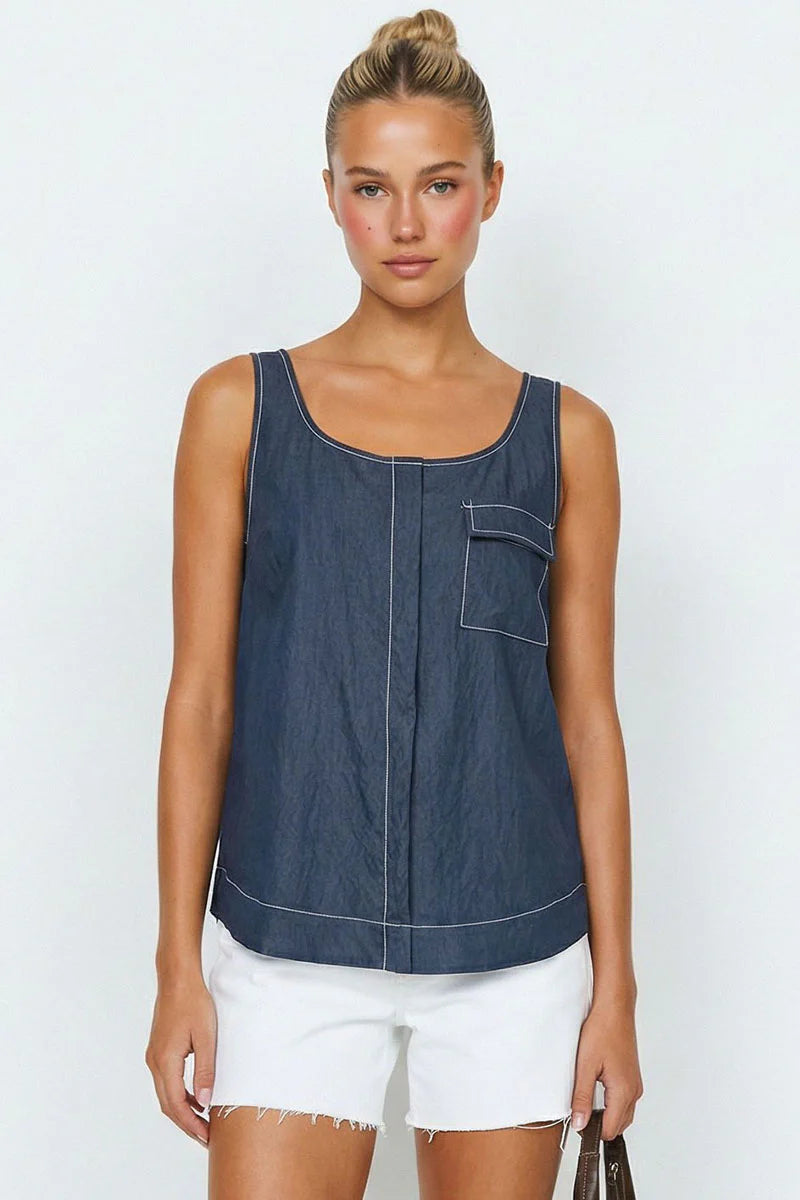 Navy contrast-stitched sleeveless top with front pocket and rounded neckline