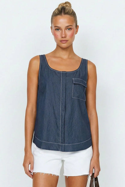 Navy contrast-stitched sleeveless top with front pocket and rounded neckline