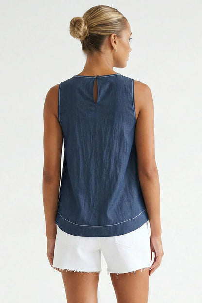 Navy contrast-stitched sleeveless top back view with yoke seam and small keyhole
