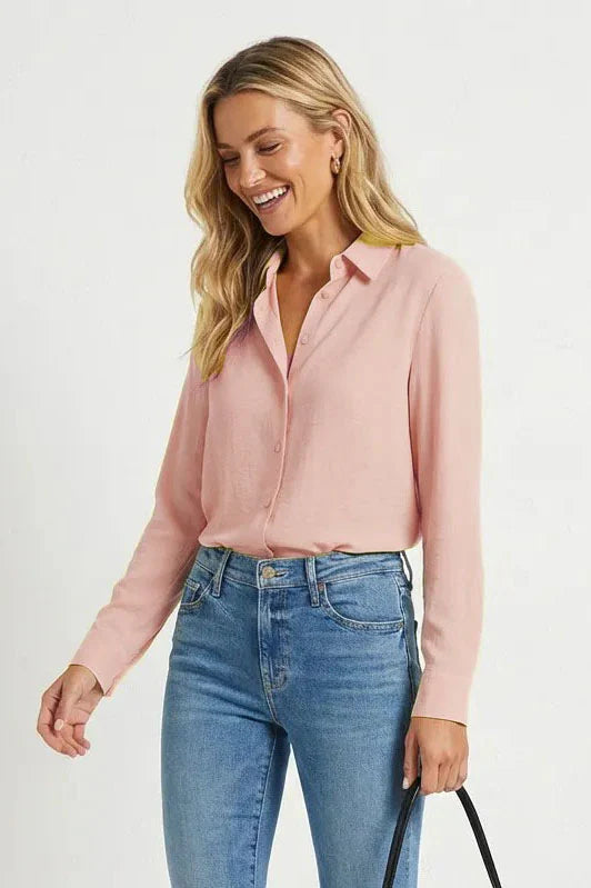 Long sleeve button up blouse in english rose front view