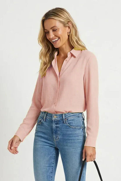 Long sleeve button up blouse in english rose front view