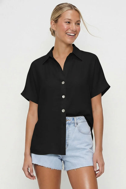 MINIMALIST Drop-Shoulder Button-Up, black short-sleeve shirt with front buttons