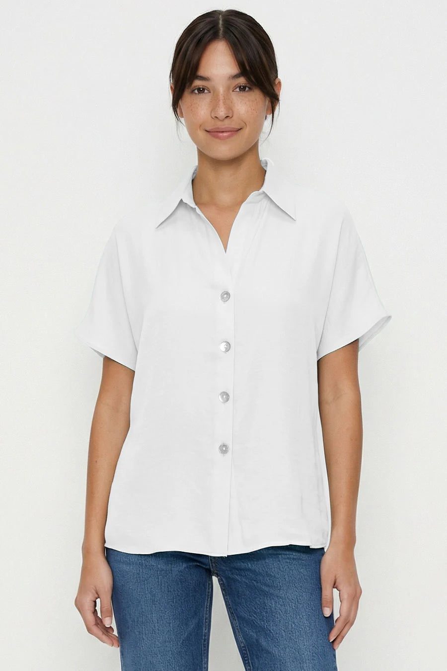 MINIMALIST Drop-Shoulder Button-Up, off-white short-sleeve shirt with 5 buttons