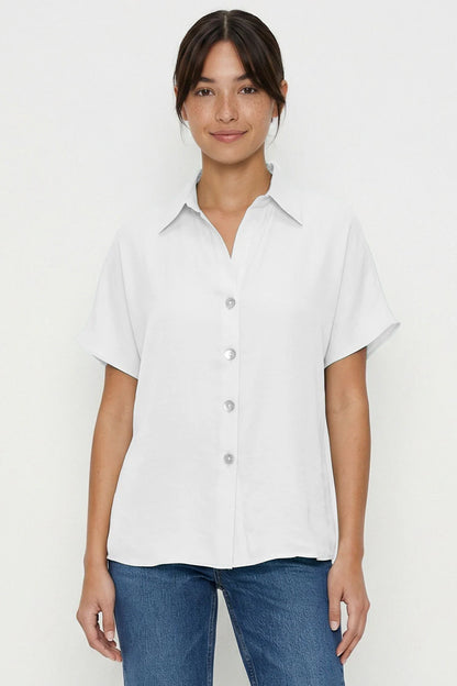 MINIMALIST Drop-Shoulder Button-Up, off-white short-sleeve shirt with 5 buttons