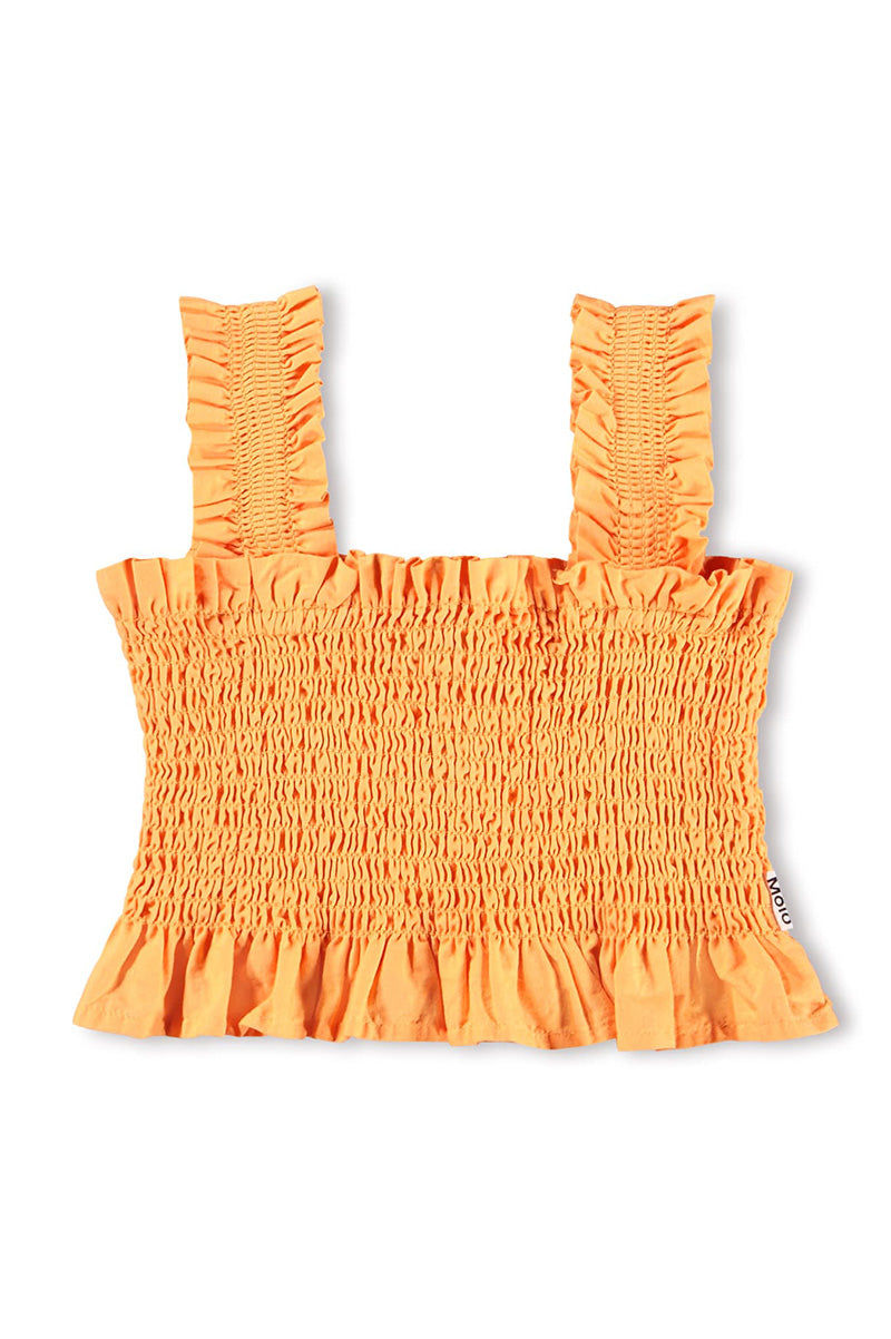 Orange smocked crop top with ruffled shoulder straps and tiered peplum hem