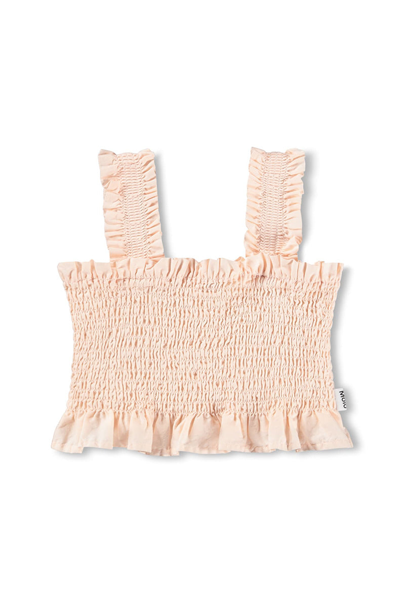 Light pink smocked crop top with ruffled shoulder straps and peplum hem