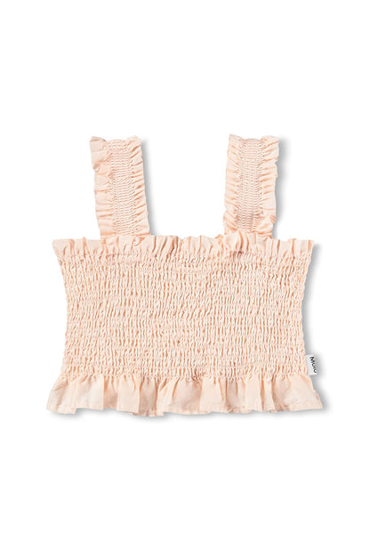Light pink smocked crop top with ruffled shoulder straps and peplum hem