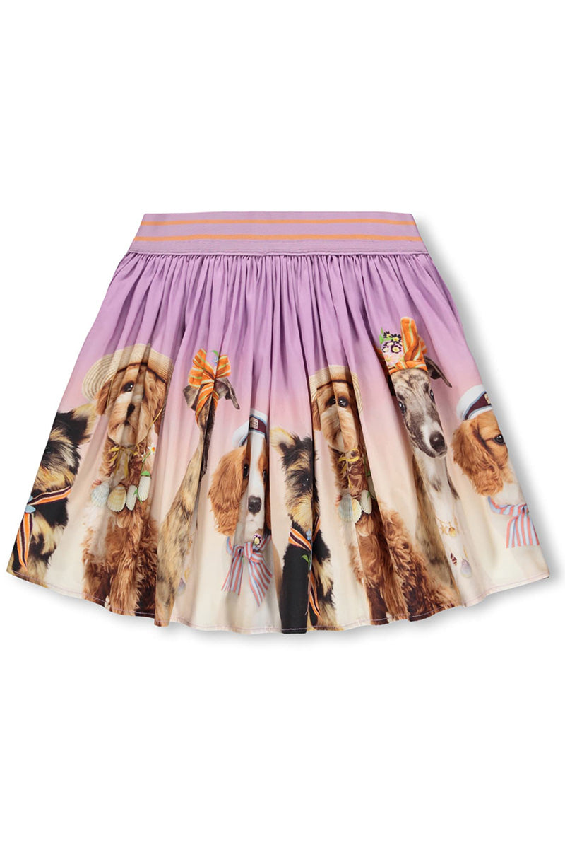 Girls' flared skirt with lilac waistband and playful dog-face print panels