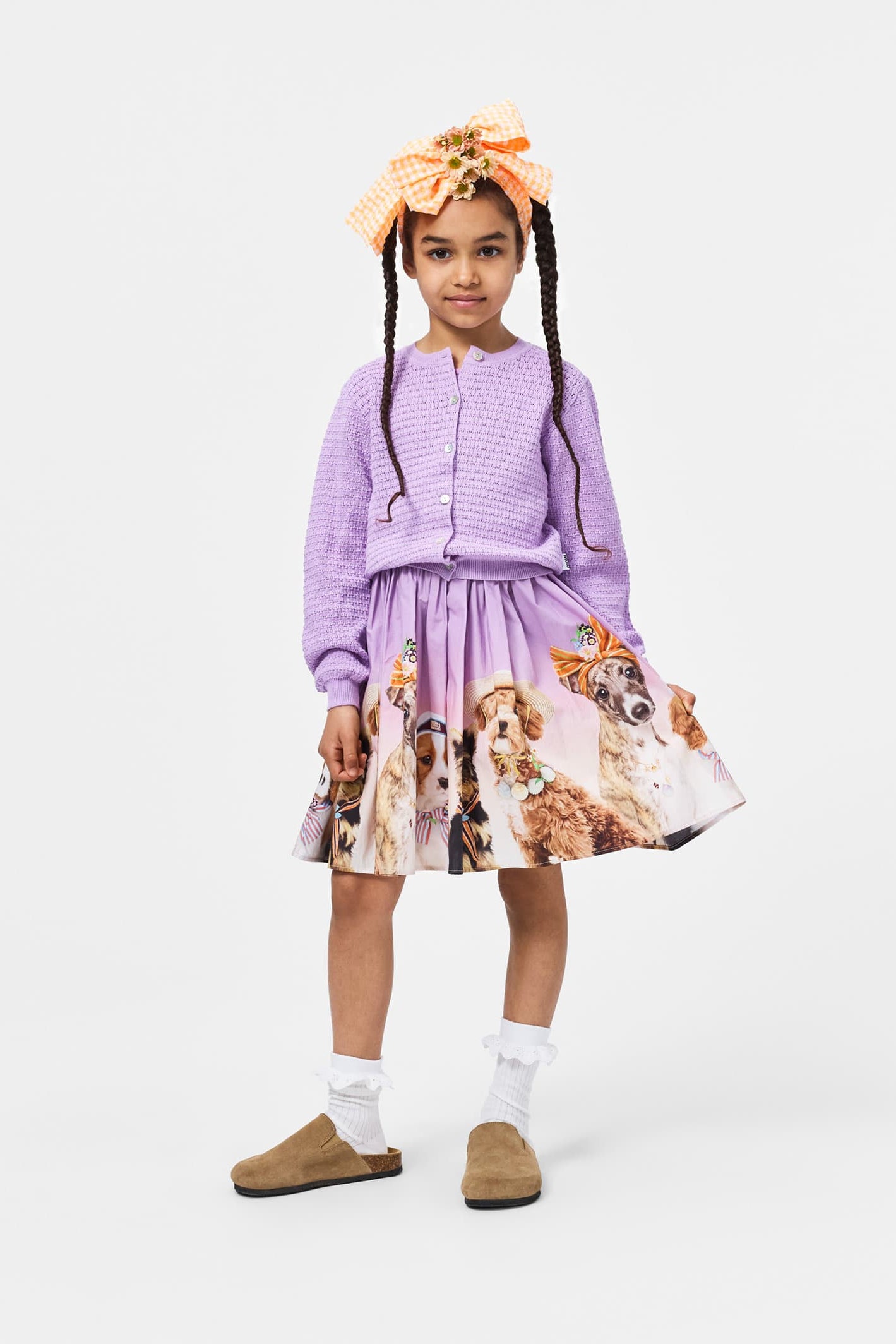 Girls' gathered skirt with light purple waistband and colorful animal dog print, flared hem