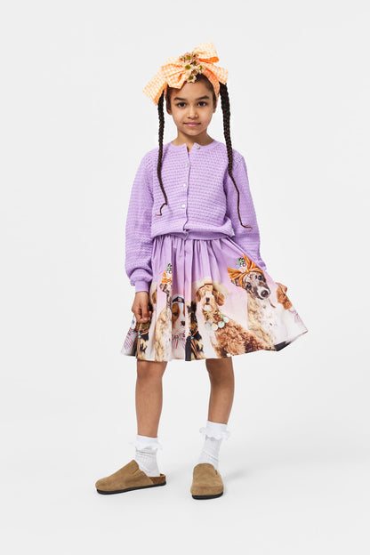 Girls' gathered skirt with light purple waistband and colorful animal dog print, flared hem