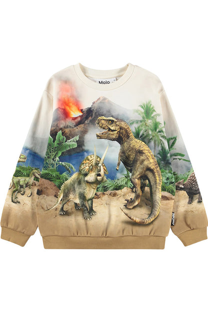 Kids dinosaur graphic sweatshirt, cream front view with crew neck and colorful artwork