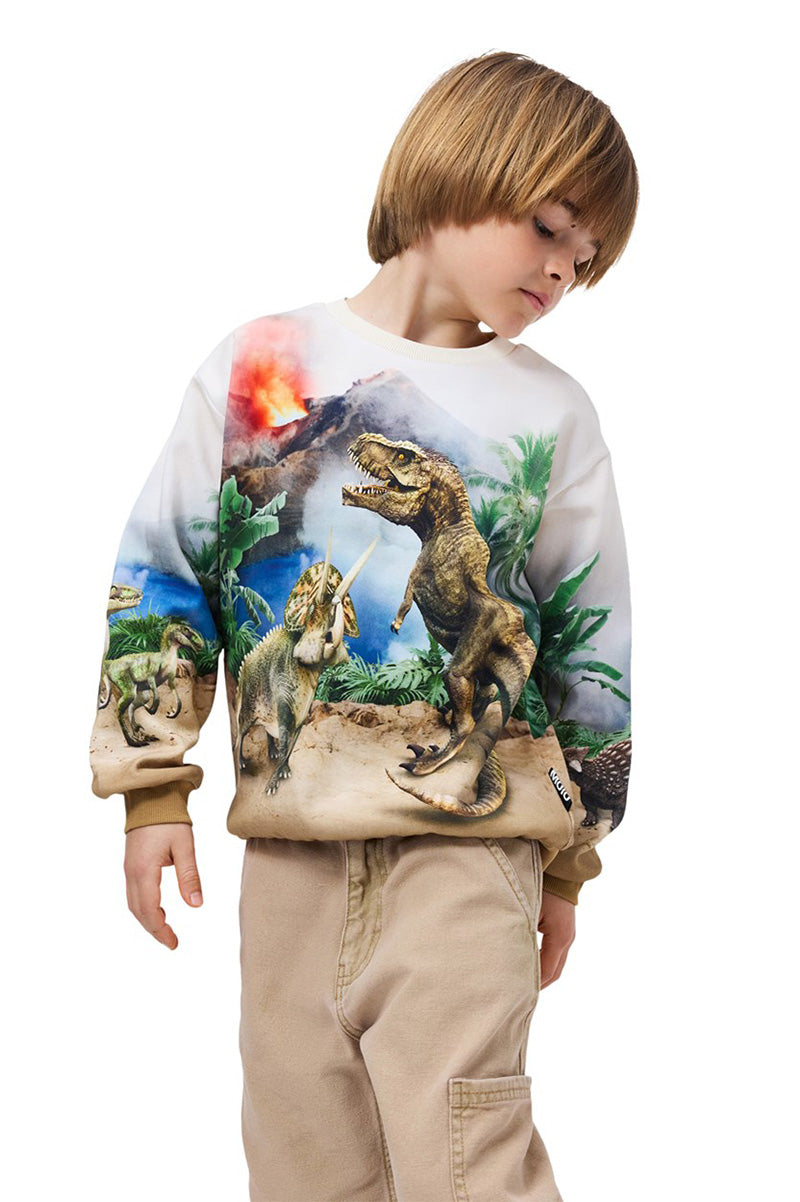 Kids dinosaur graphic sweatshirt, cream with colorful jungle scene and long sleeves
