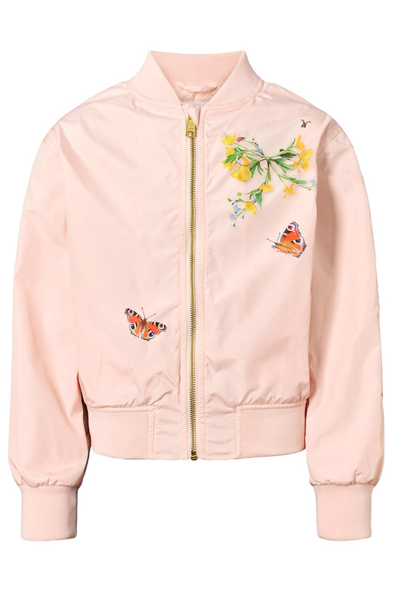 Pale pink bomber jacket with gold zipper and butterfly and flower prints