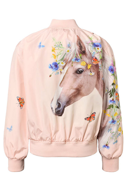 Pale pink bomber jacket with horse face graphic, butterflies and floral prints