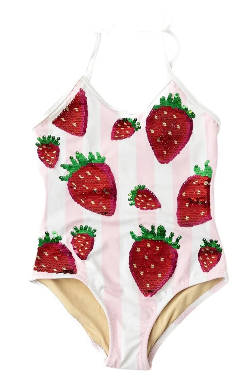 Girls' one-piece swimsuit with red strawberry sequin appliques and green details