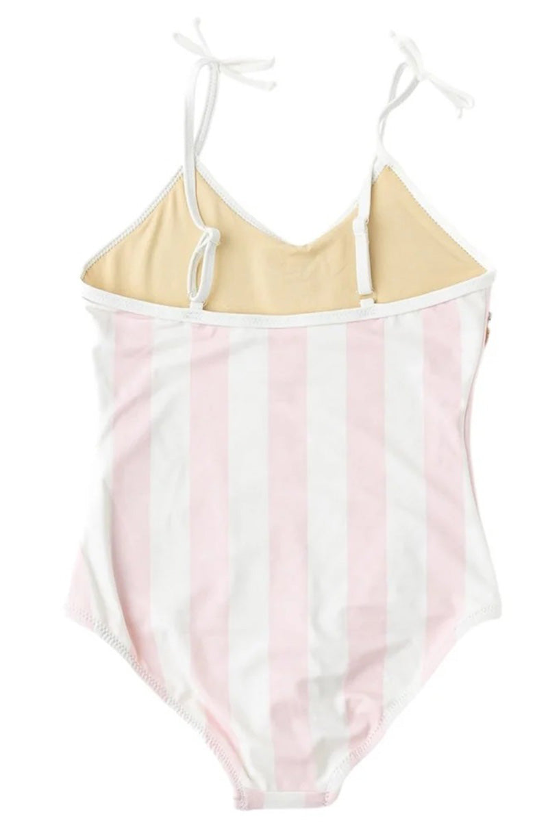 Girls' one-piece swimsuit with pink-and-white stripes and tied spaghetti straps