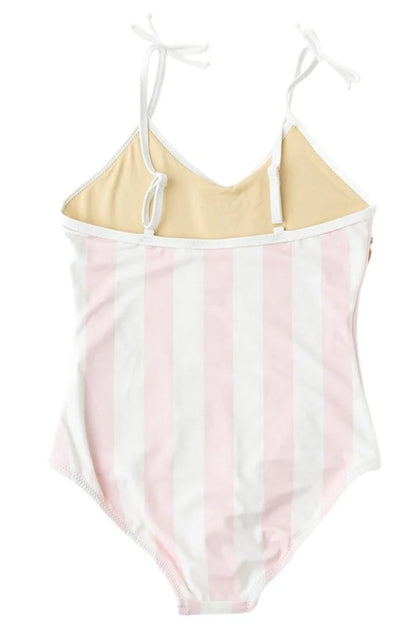 Girls' one-piece swimsuit with pink-and-white stripes and tied spaghetti straps