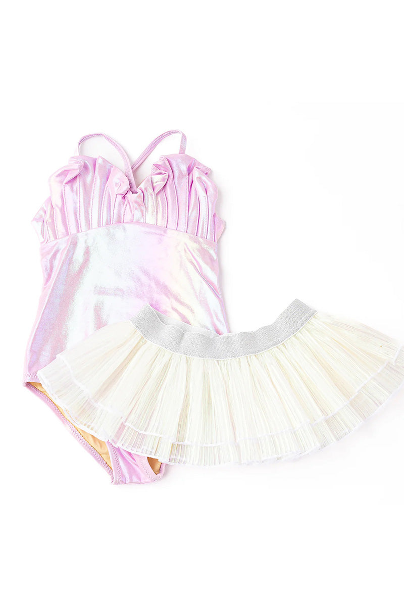 Lilac metallic tutu one-piece set with ruffled bodice and layered tulle skirt