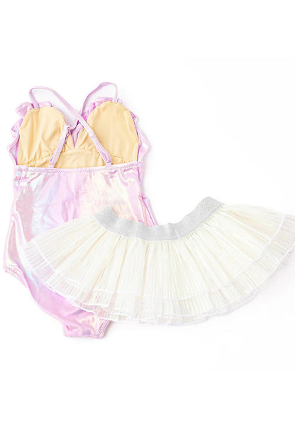 Lilac metallic tutu one-piece set with ruffled bodice, pale yellow cups, layered tulle skirt