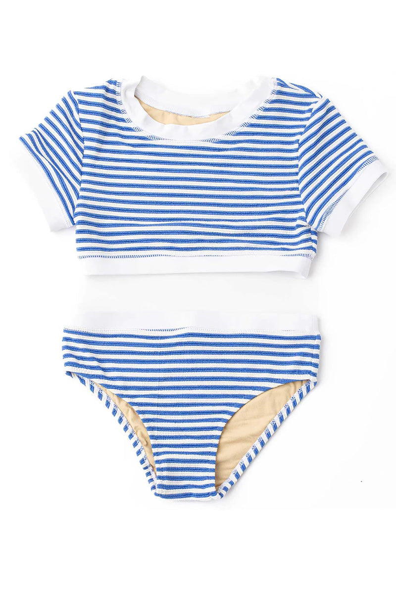 Matching striped ribbed crop top and high-rise briefs set, short sleeves, blue-white.