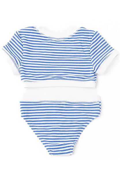 Ribbed striped crop top and matching briefs set, short sleeves, blue-white, elastic waist.