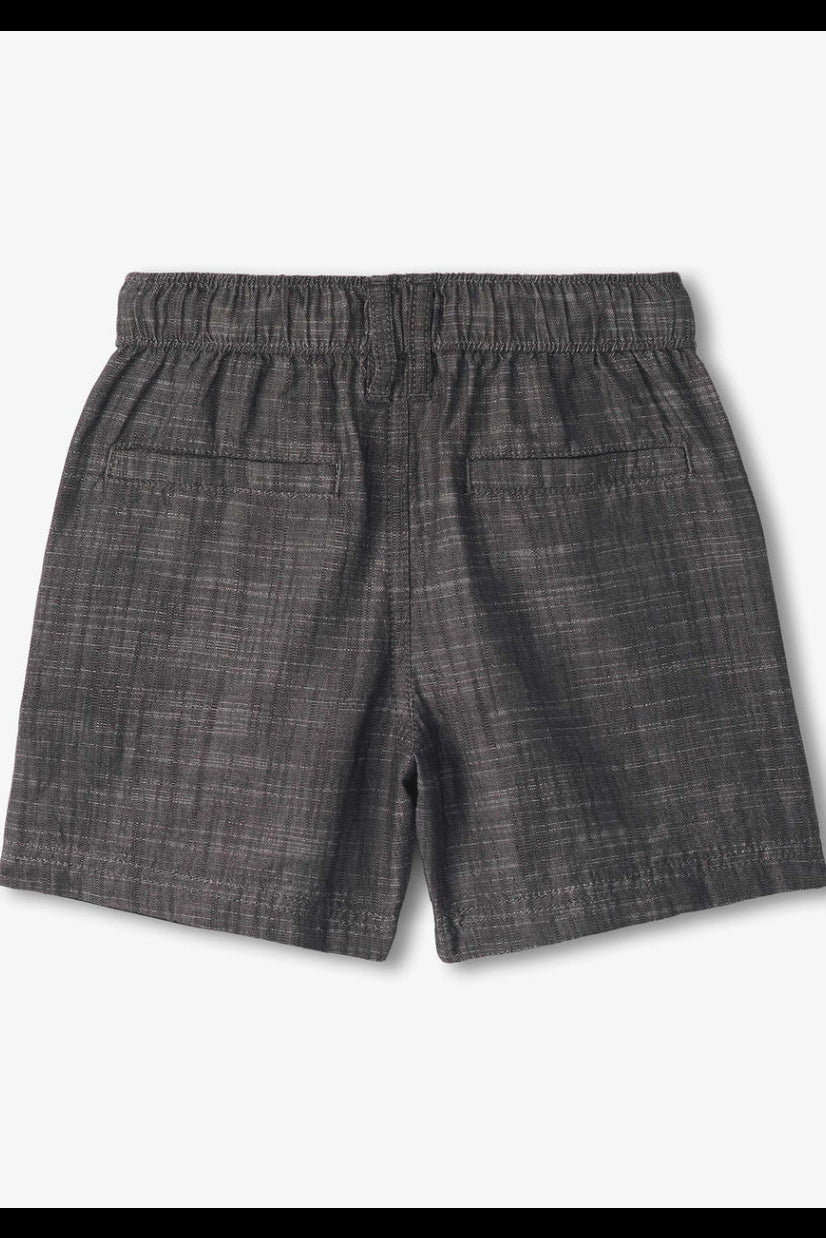 Dunkelgraue Chambray-Shorts mit breitem Bund und geradem Bein