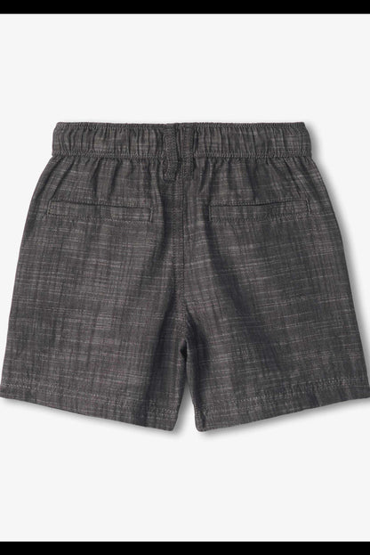 Dunkelgraue Chambray-Shorts mit breitem Bund und geradem Bein