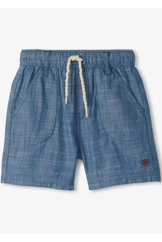 Indigo-Blue Chambray-Shorts mit Tunnelzugbund und Kordel