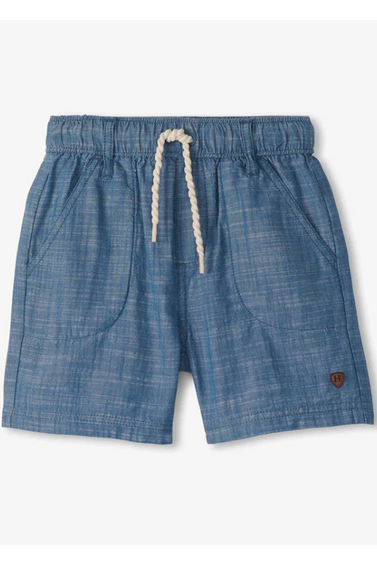 Indigo-Blue Chambray-Shorts mit Tunnelzugbund und Kordel