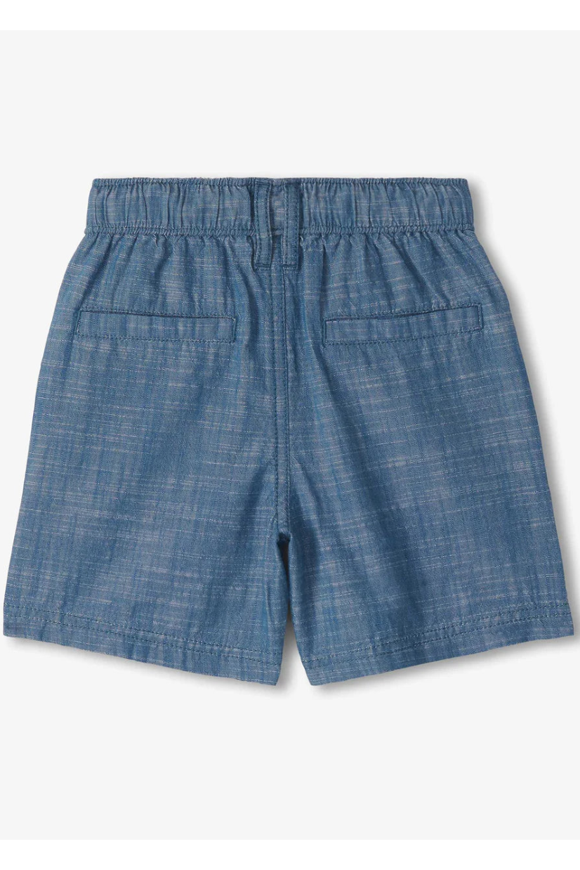Indigo-Blue Chambray-Shorts mit Gürtelschlaufenoptik und Seitentaschen