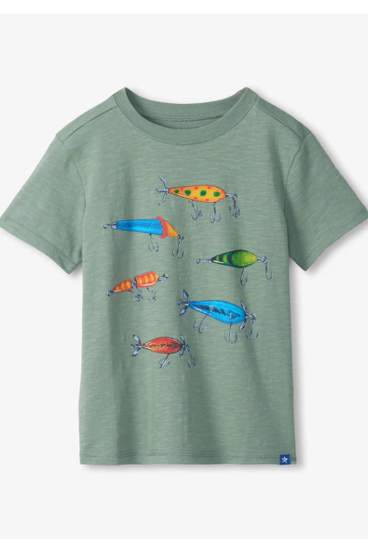 Graphic tee in fishing lures front view