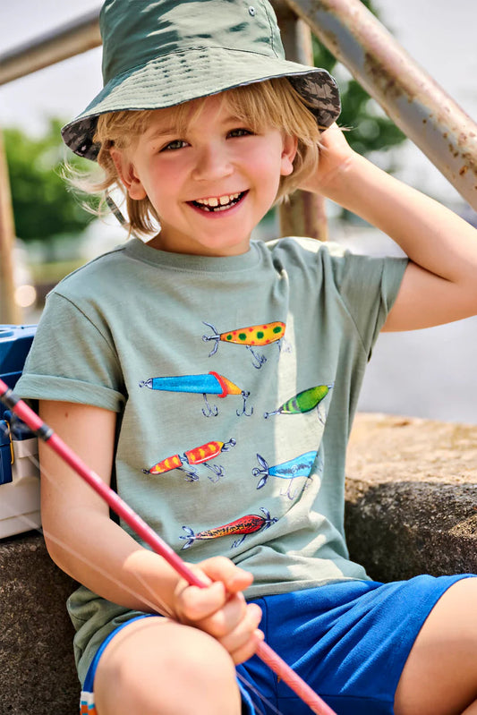 Graphic tee in fishing lures style view