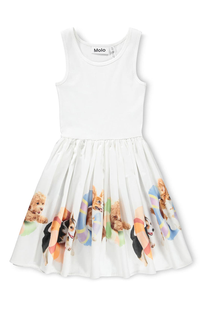 Kids' white sleeveless dress with gathered skirt and playful puppy print
